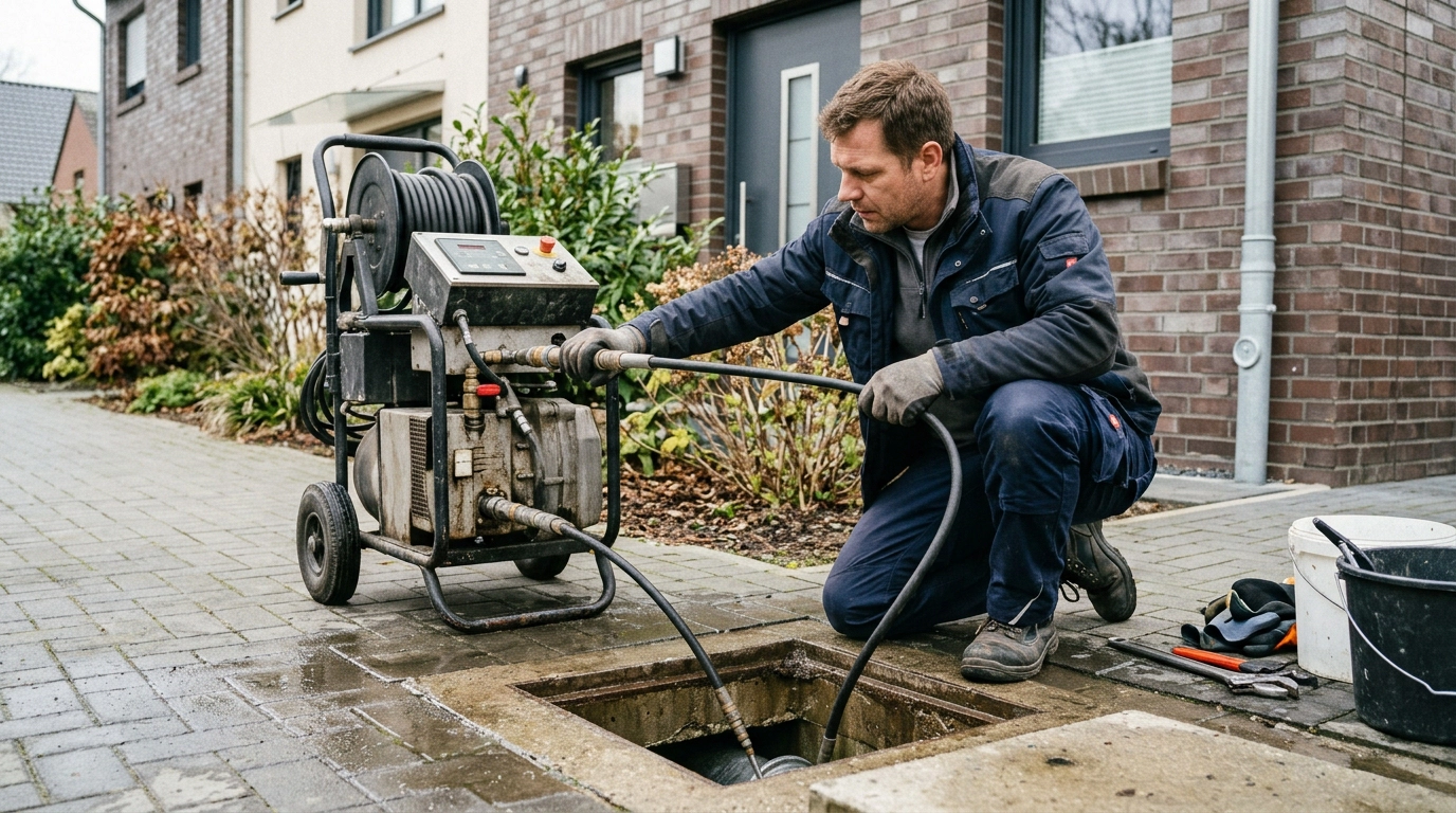 Techniker mit einer fahrbaren Hochdruckspülmaschine und Schlauch am geöffneten Schacht vor einem Wohnhaus